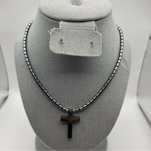 Religious Cross Gunmetal Gray Necklace Round Long Beads with Barrel Clasp 16.5" - Picture 1 of 6